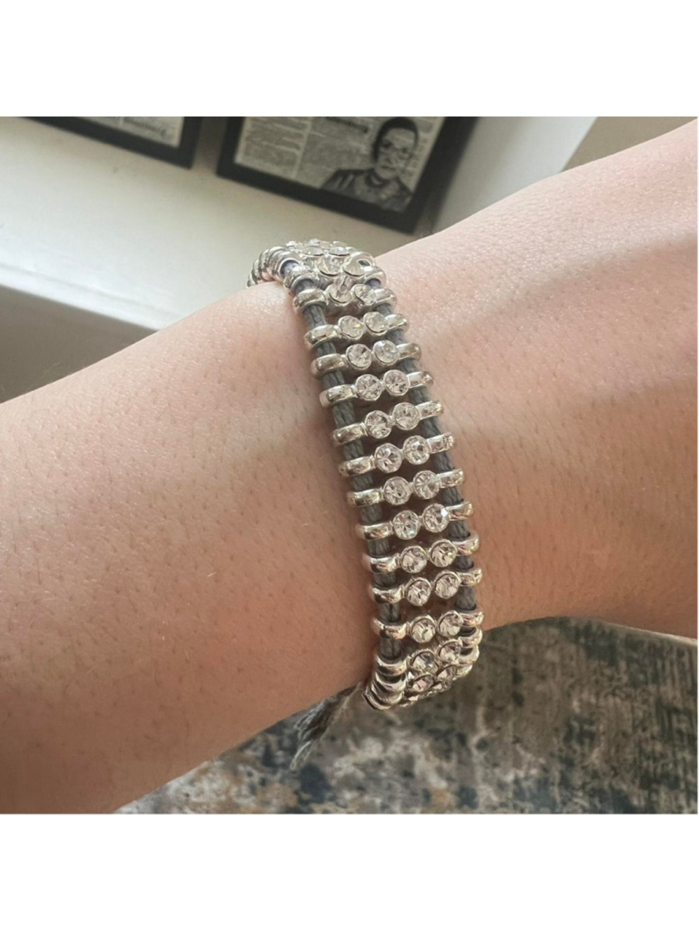 Blue/grey adjustable bracelet with silver rhinestones